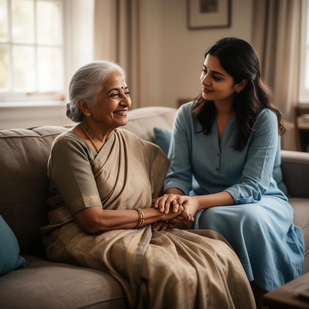 A kind companion sitting beside an elderly mother, holding her hand warmly in a sunlit living room