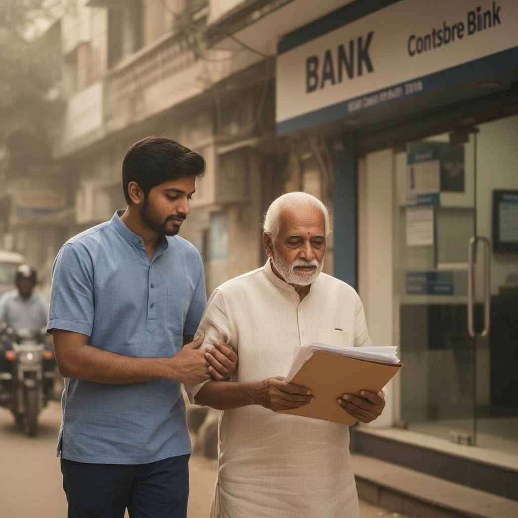 A Sahaay companion accompanying an elderly gentleman to the bank