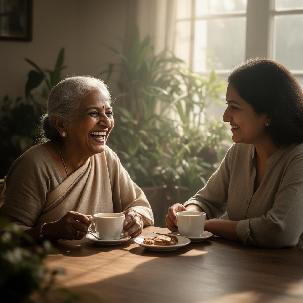 An elderly woman laughing warmly while sharing tea with her companion